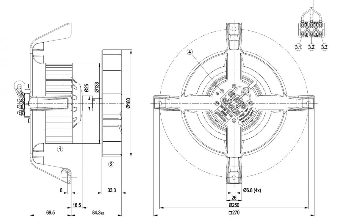 Схема габаритных размеров Вентилятора R2E 180-CG82-05
