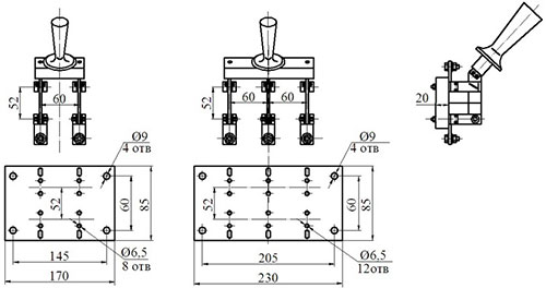 Рис.1. Схема габаритных размеров рубильников Р-21, Р-32 на токи 100 А переднего присоединения 